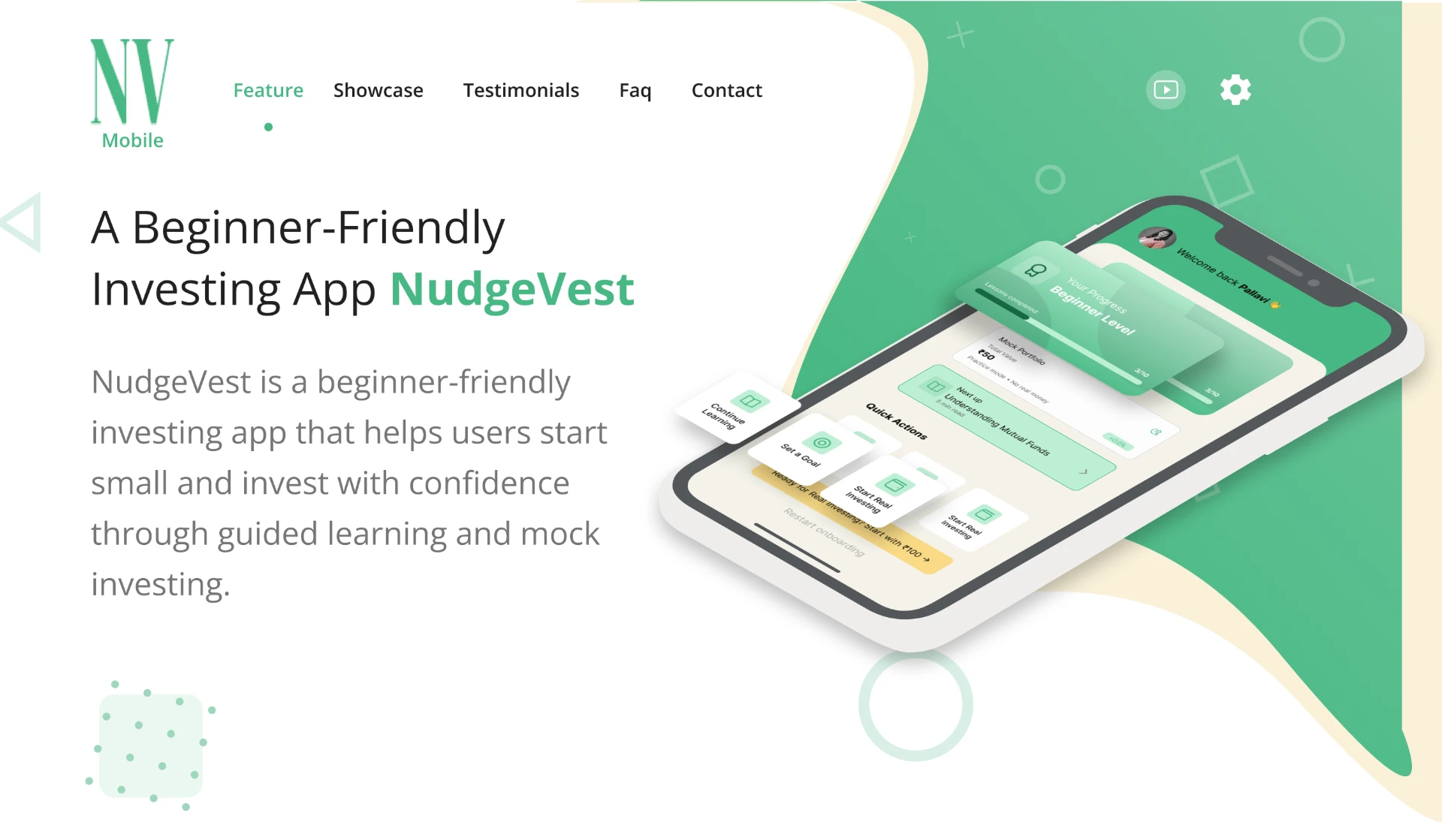 NudgeVest beginner-friendly investing app mockup showing a mobile dashboard with progress, quick actions, and guided learning cards