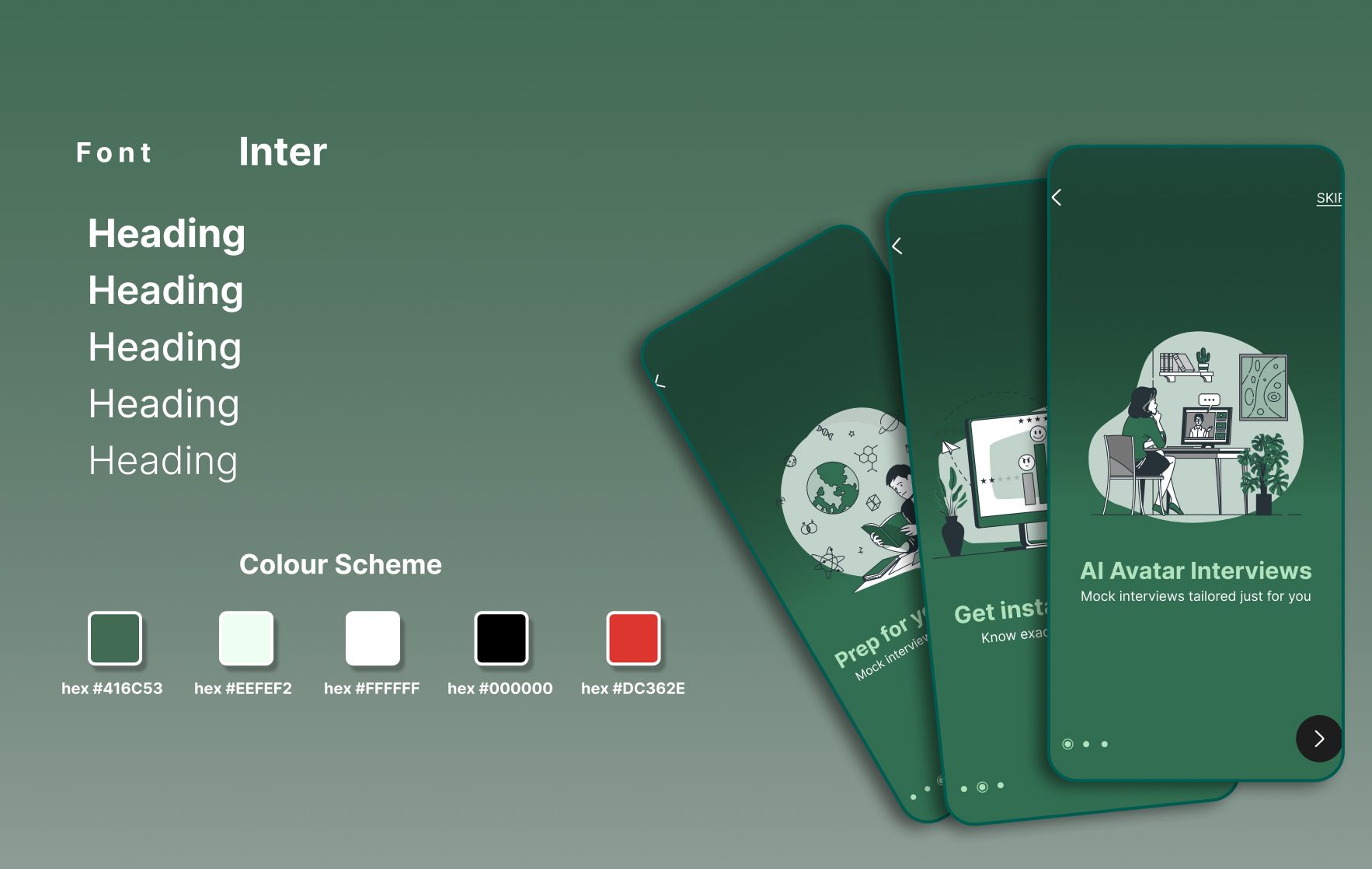 MockOraa AI avatar interview practice app mockup showing onboarding screens, colour scheme, and mobile UI frames