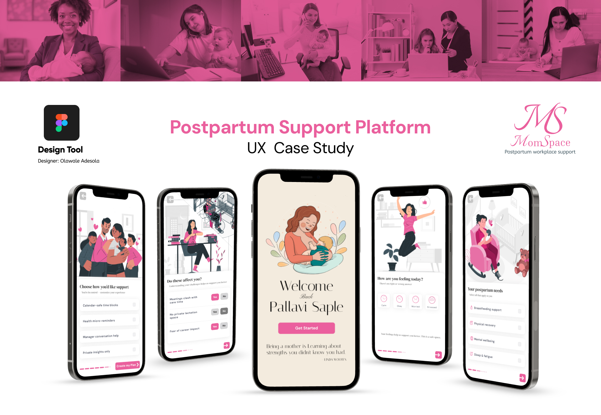 MomSpace postpartum support platform case-study header showing mobile onboarding, mood check-in, and support-plan screens